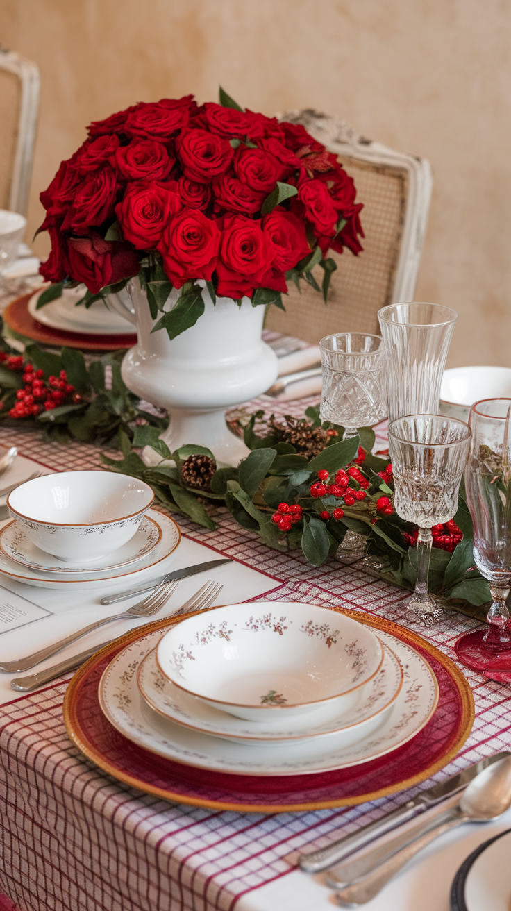 A beautifully set dining table featuring vintage dinnerware, a decorative tablecloth, and a vibrant bouquet of red roses.