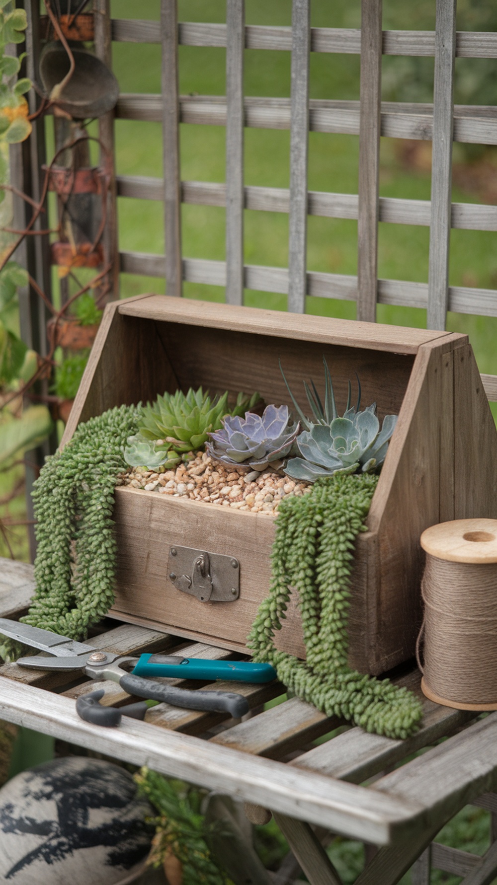 A vintage toolbox serving as a planter, filled with succulents and pebbles.