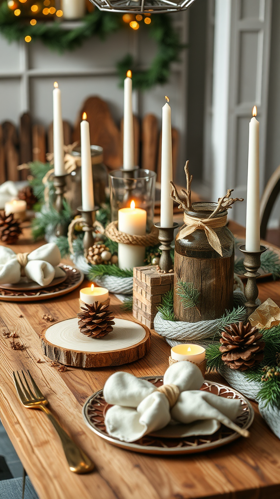 A beautifully arranged table with candles, pinecones, and rustic decor elements.