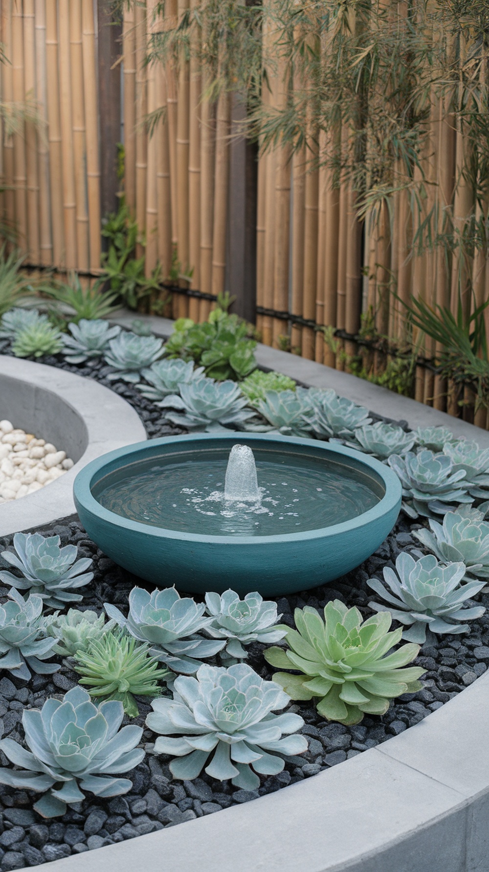 A modern garden featuring a circular water fountain surrounded by various succulents and decorative stones.