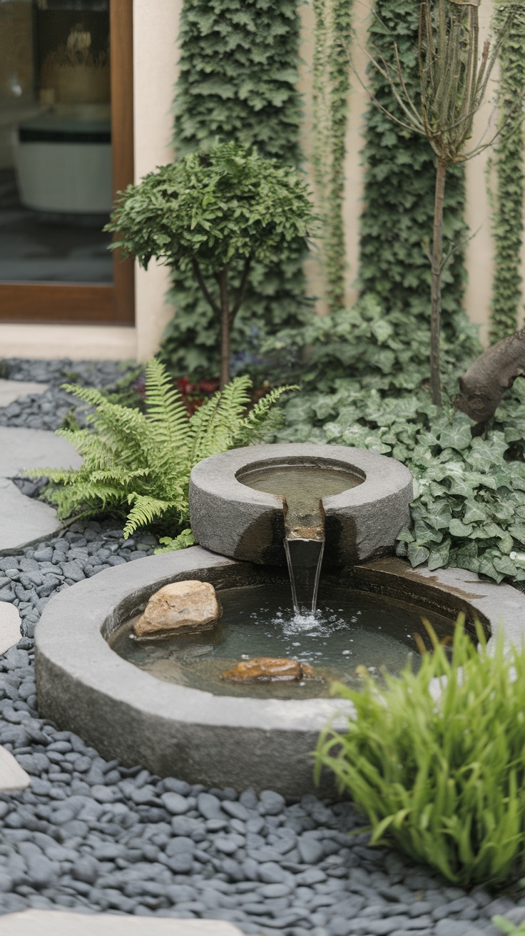 A serene small water feature in a landscaped garden with greenery.