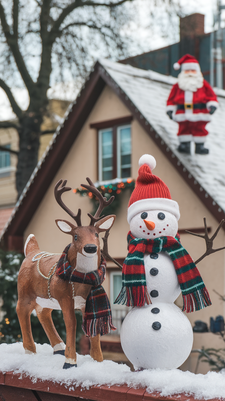 A reindeer and a snowman figurine wearing scarves with a Santa on a roof in the background