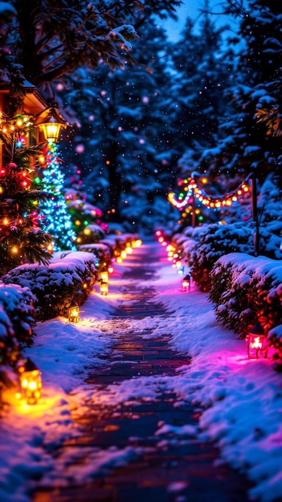 A snowy pathway illuminated with colorful Christmas lights and lanterns.