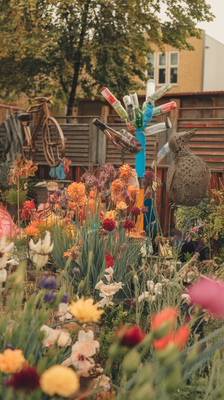 A colorful garden featuring flowers and whimsical sculptures made from recycled materials.