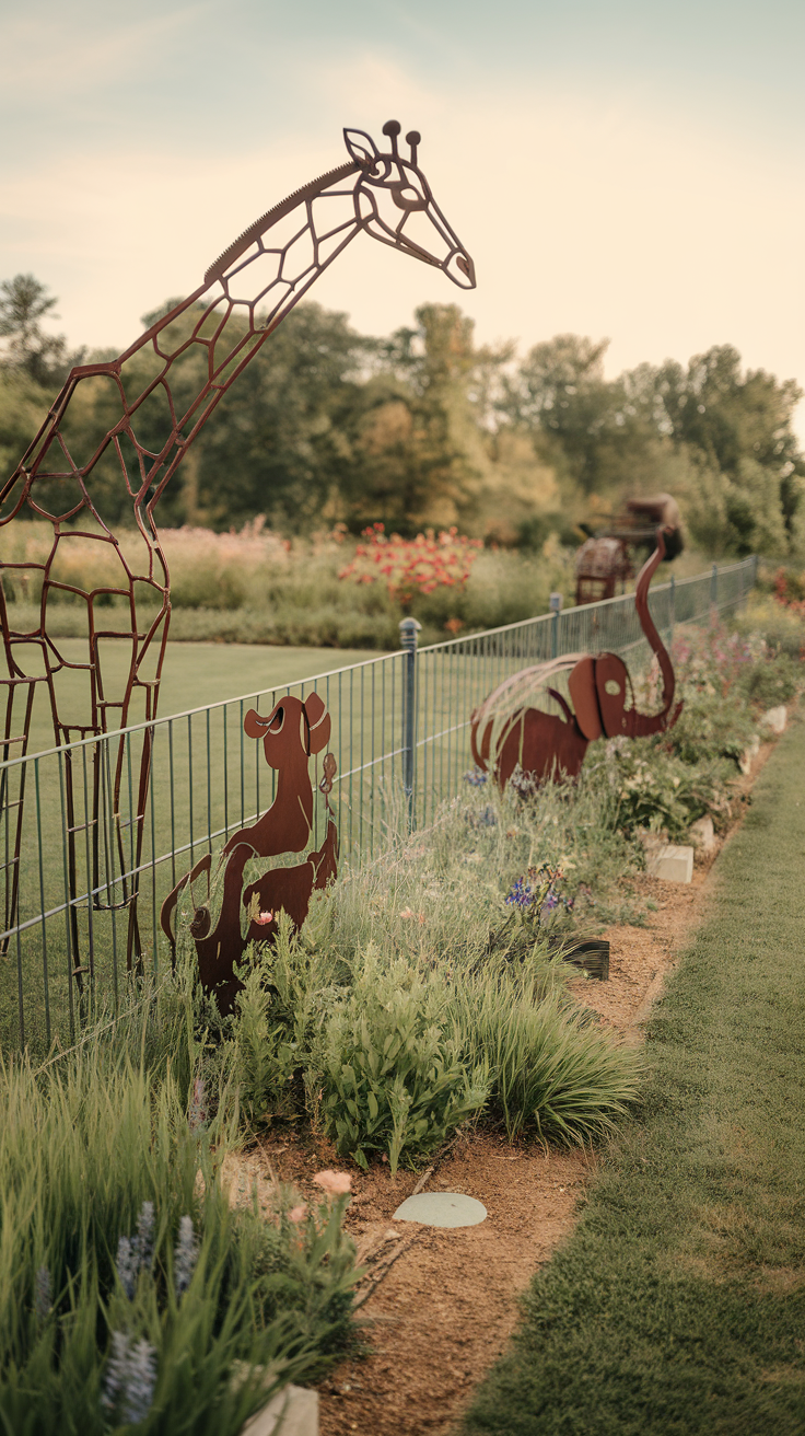 Metal sculptures of a giraffe, an elephant, and a dog in a garden setting.