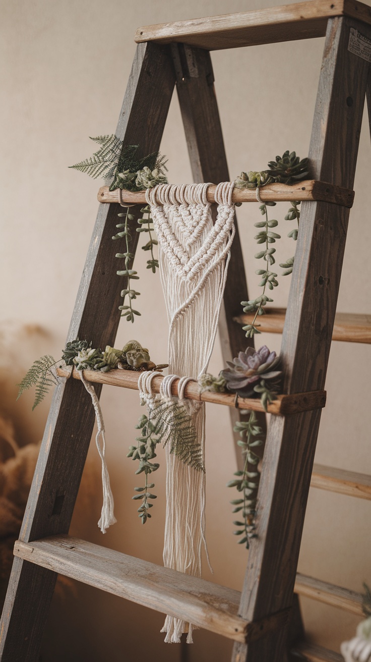 A rustic wooden ladder decorated with macrame and various succulents and ferns.