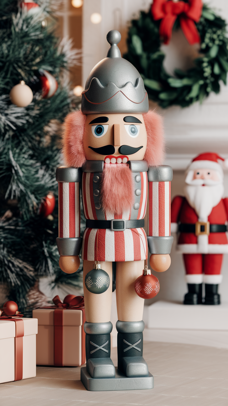 A whimsical nutcracker with peach fuzz accents, colorful attire, standing next to a Christmas tree and gifts.