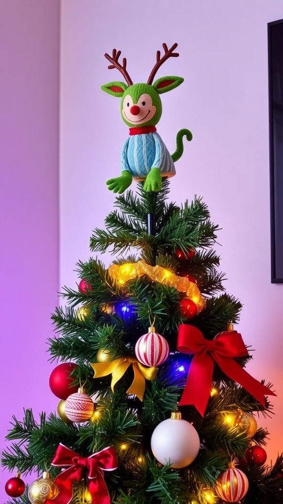 A whimsical reindeer tree topper sitting atop a decorated Christmas tree.