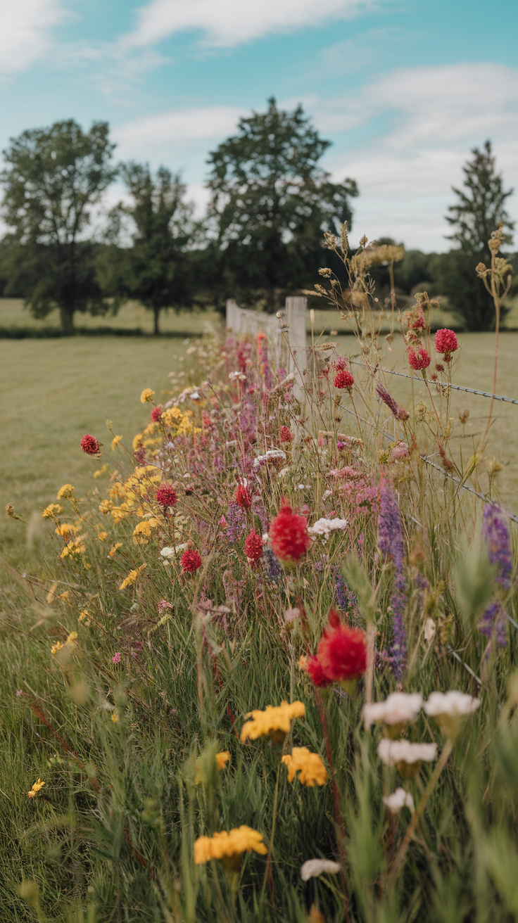 A colorful wildflower meadow alongside a fence under a blue sky.