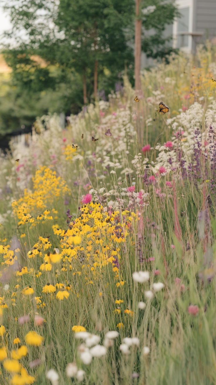 Colorful wildflowers on a sloped yard with butterflies flying around.