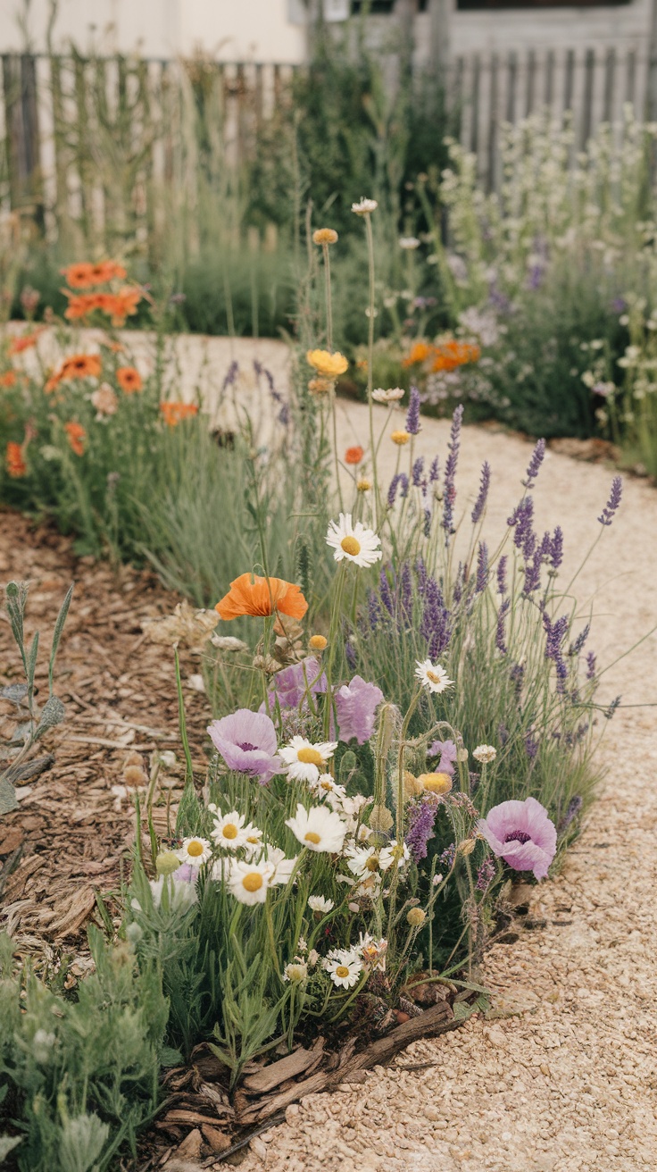 A vibrant mix of wildflowers in a garden border, featuring daisies, poppies, and lavender alongside a gravel path.