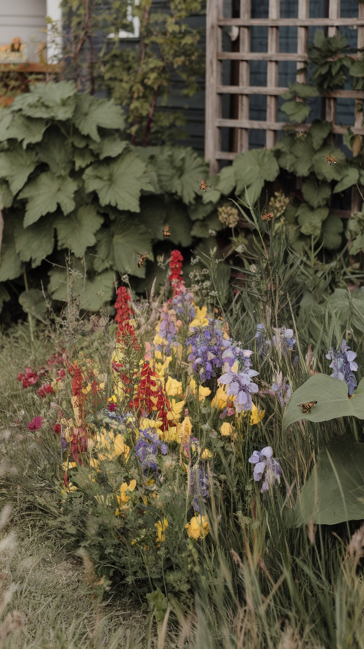 A vibrant wildflower patch featuring red, yellow, and purple flowers, surrounded by lush green foliage.