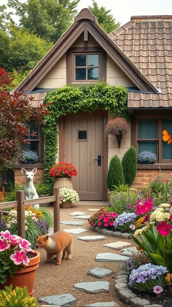 A charming cottage garden with flowers, a path, and small wildlife.