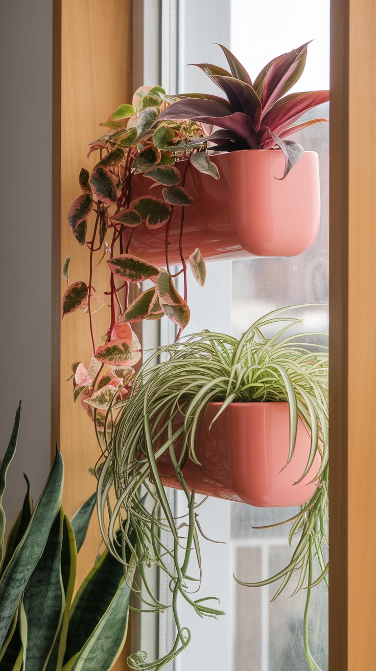 Two window-mounted hanging planters with colorful plants on a window ledge.