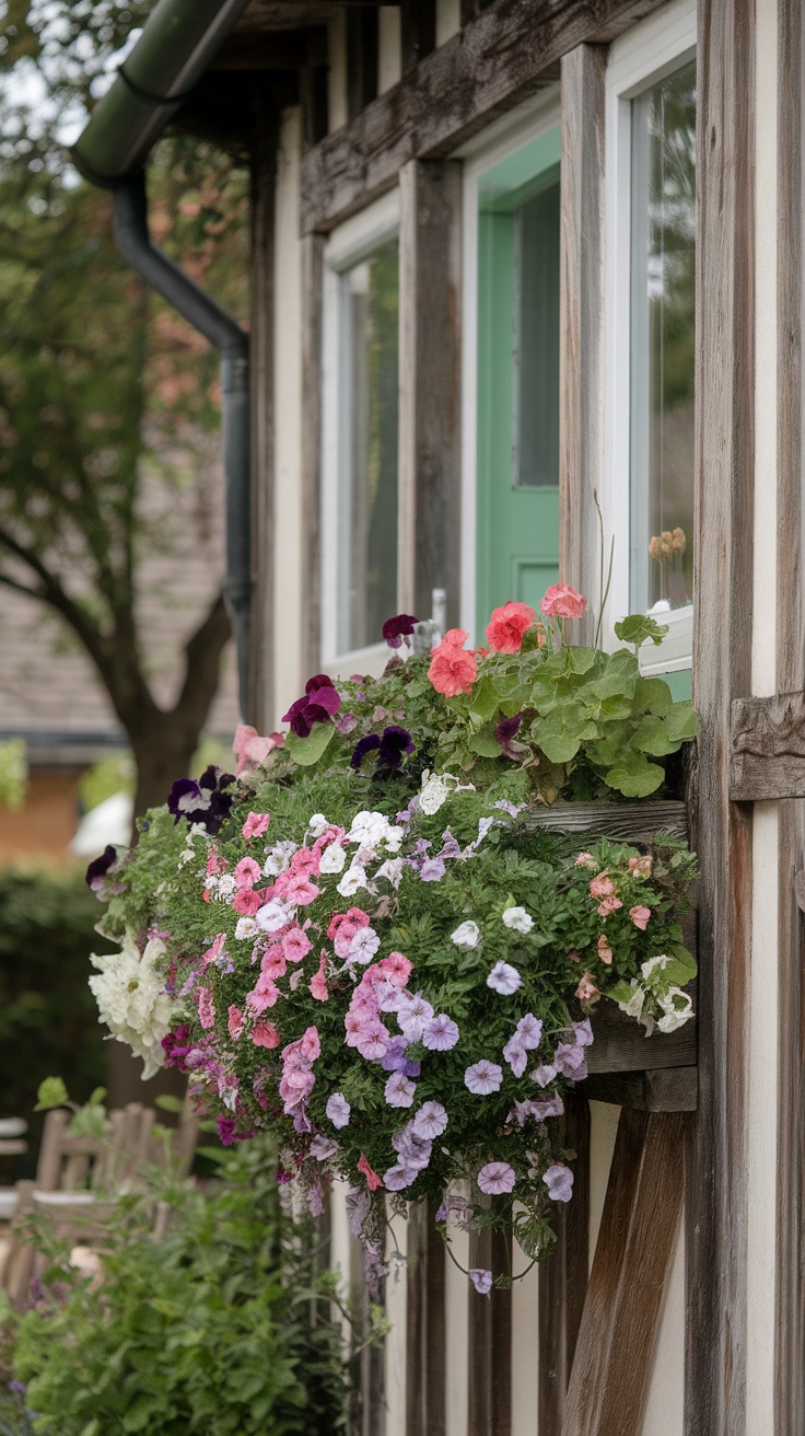 A window box planter filled with colorful flowers outside a house