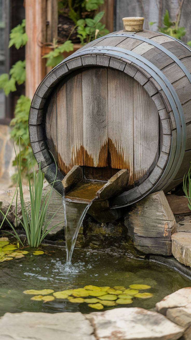 A wooden wine barrel water feature with a gentle stream flowing into a pond, surrounded by plants.