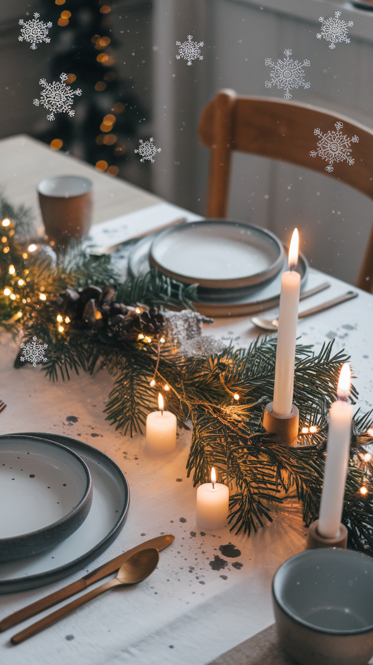 A beautifully set table for winter with candles, pine, and festive decorations.