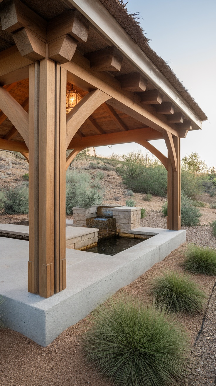 A wooden gazebo with a concrete base and a water feature, surrounded by greenery.