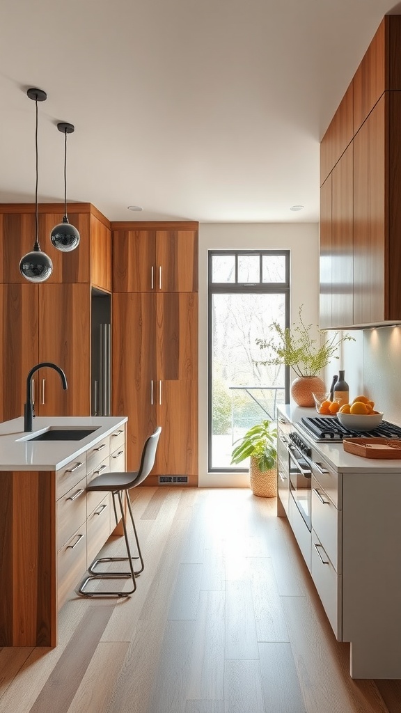 A modern kitchen featuring wooden cabinetry with a sleek design and natural lighting.