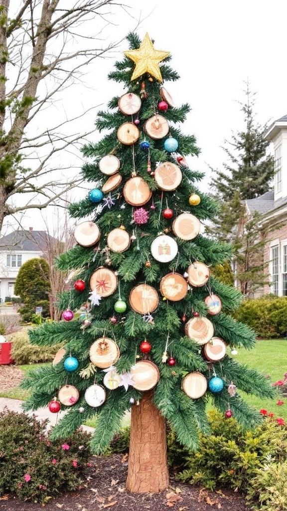 A Christmas tree decorated with wooden slices and colorful ornaments.