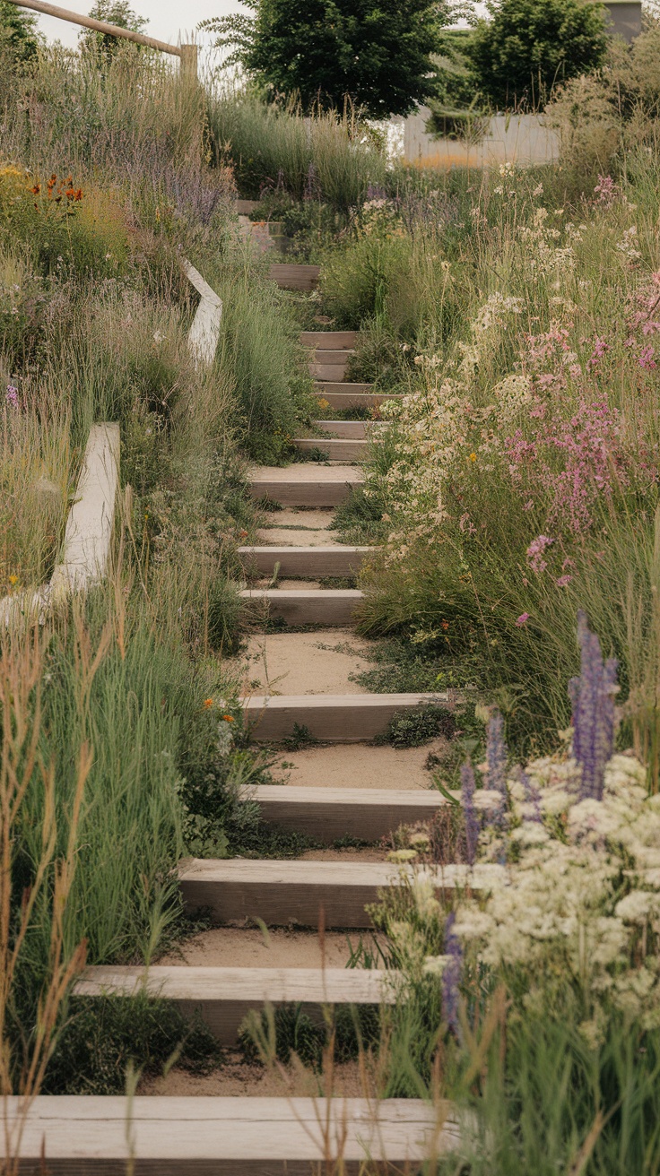 A set of wooden steps surrounded by wildflowers in a sloped yard.