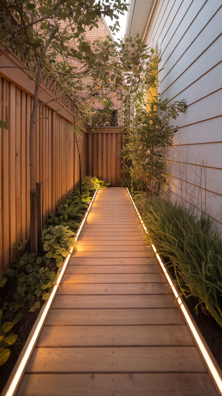 Wooden walkway with mood lighting flanked by greenery in a side yard