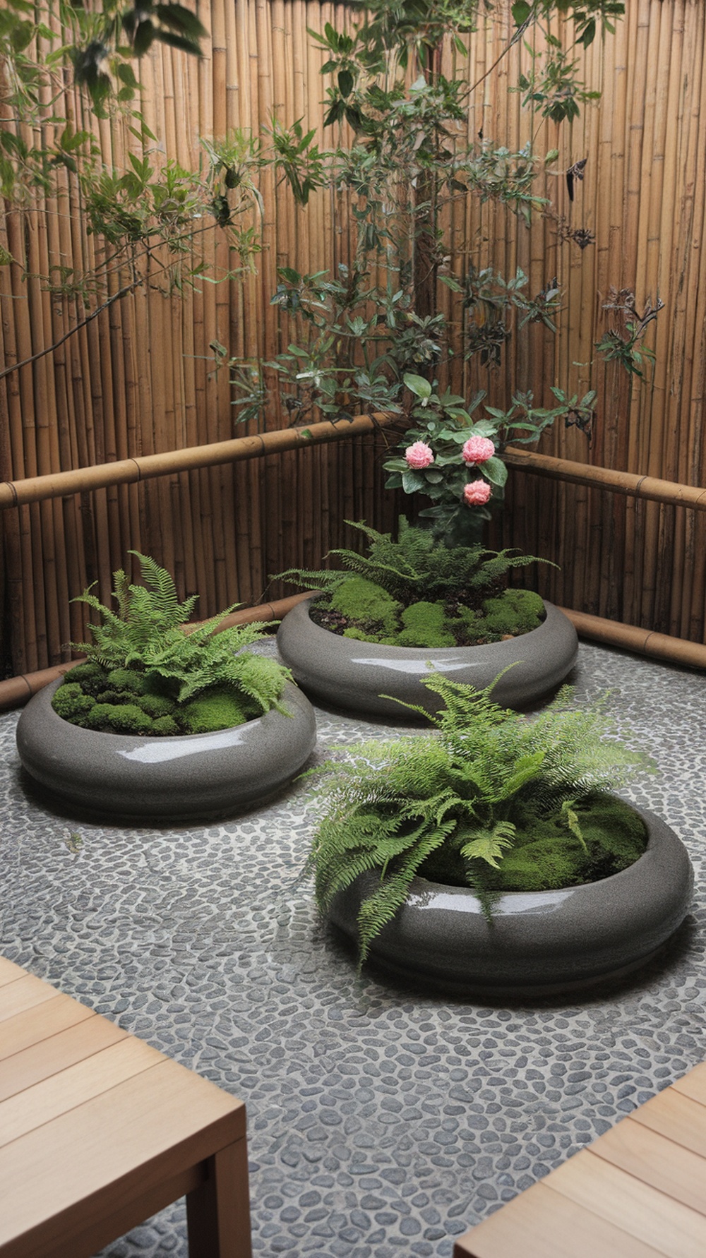 A serene zen courtyard featuring three round planters with ferns and a pink rose bush, surrounded by bamboo.