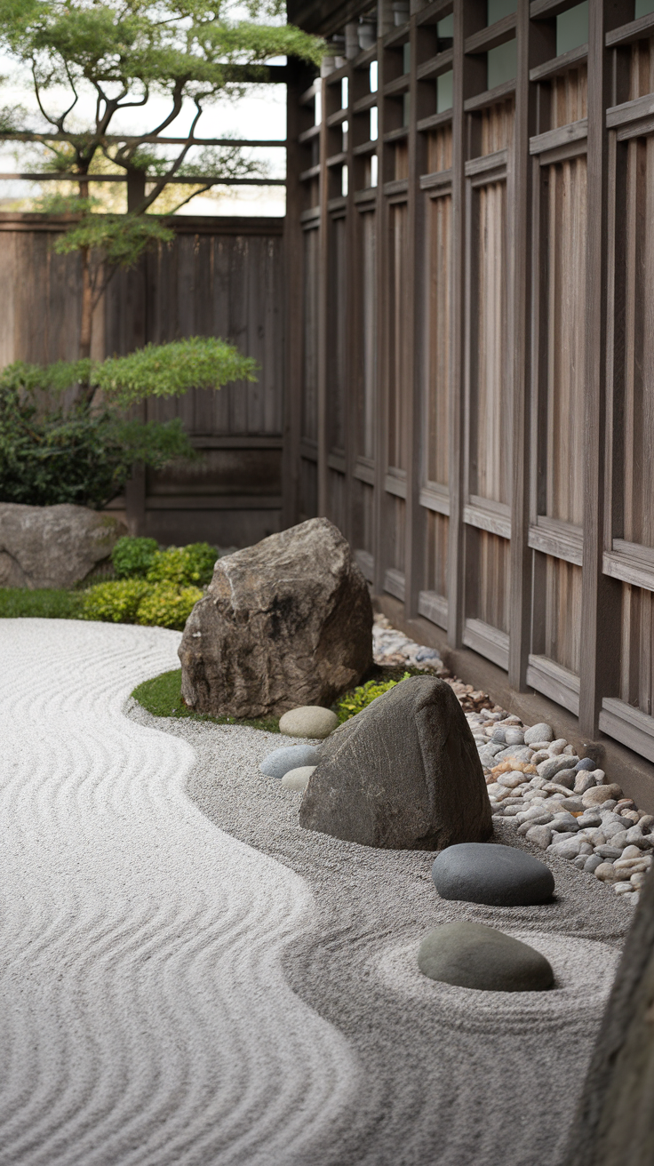 A serene zen garden featuring raked sand, rocks, and greenery.