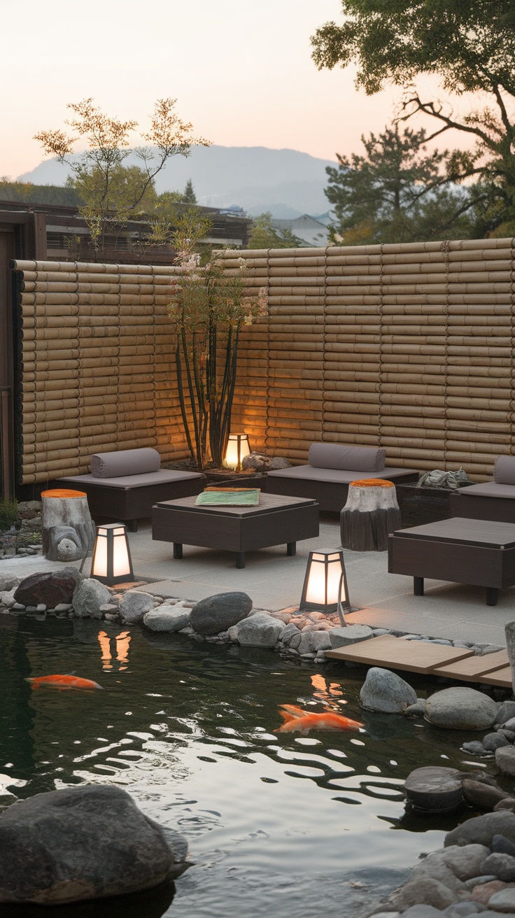 A serene Zen garden patio featuring a pond, soft lighting, and comfortable seating.