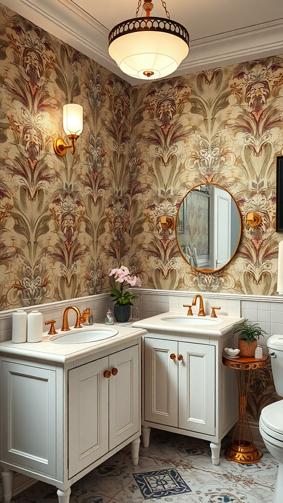 A luxurious bathroom featuring Art Nouveau-inspired wallpaper with floral patterns, elegant fixtures, and sophisticated lighting.