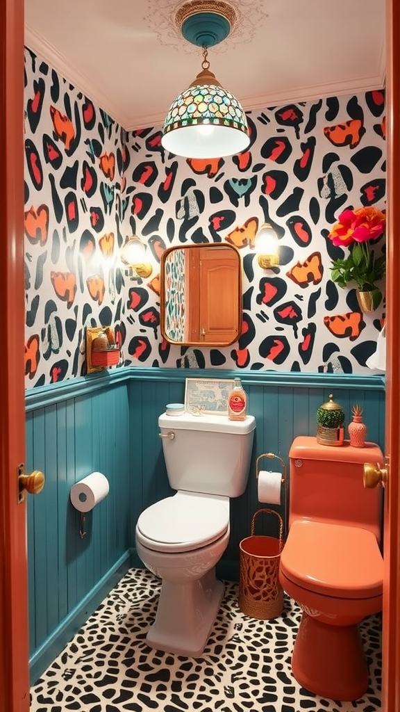 A colorful bathroom featuring quirky animal print wallpaper, blue vanity, round mirrors, and stylish fixtures.