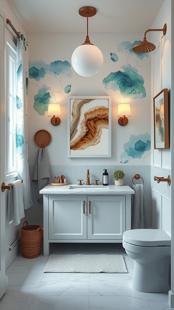 A stylish bathroom with abstract watercolor wallpaper in soft blues and earthy tones, featuring modern fixtures and a clean design.