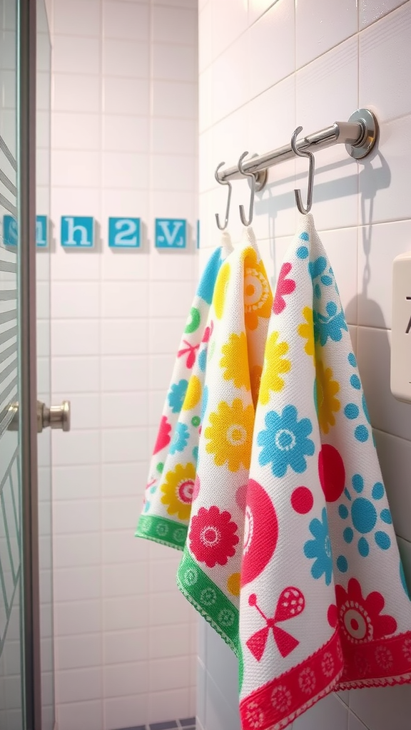 Colorful patterned hand towels hanging in a bathroom