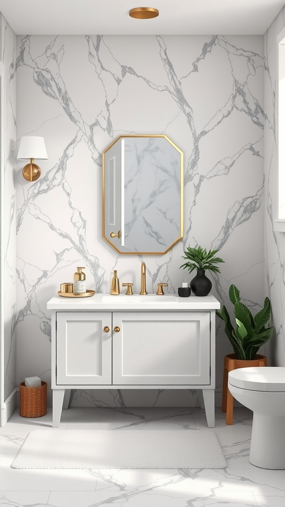 A modern bathroom with faux marble wallpaper, a white vanity with gold accents, a mirror, plants, and a rug.