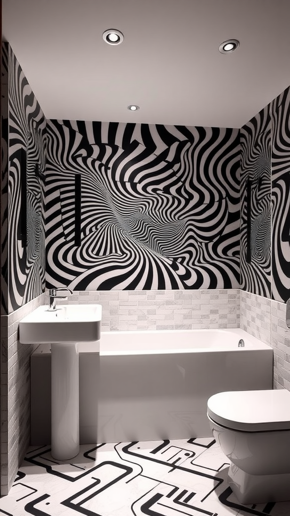 A modern bathroom featuring 3D optical illusion wallpaper with a flowing pattern, a round sink, and contemporary lighting.