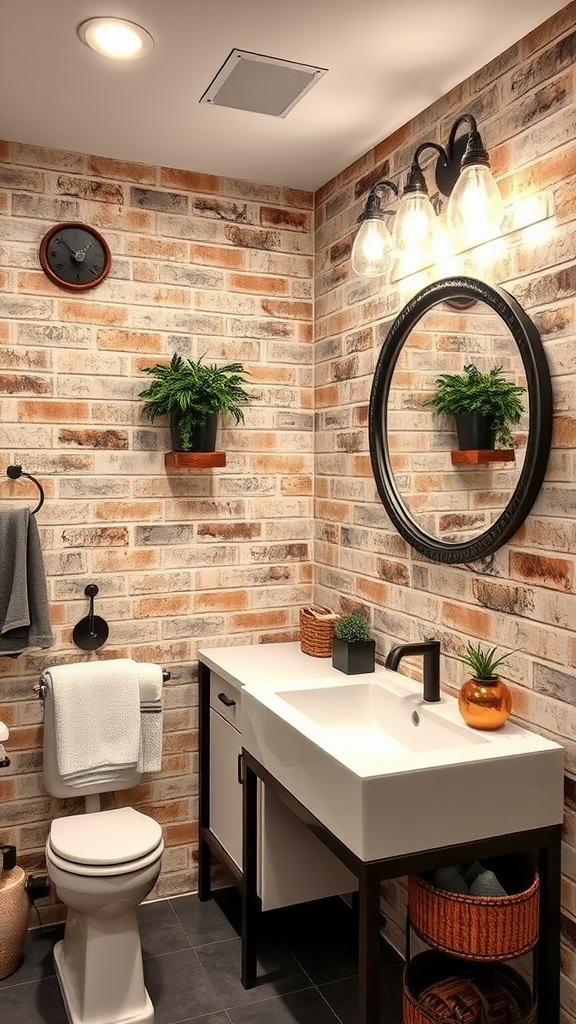 A stylish bathroom with faux exposed brick wallpaper, modern sink, round mirror, and plants.