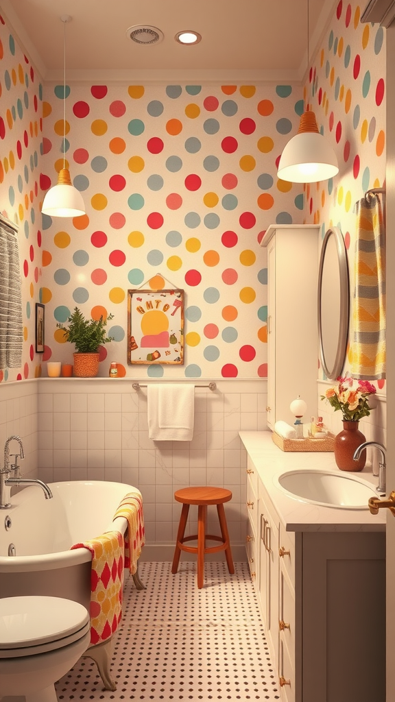 A vibrant bathroom with colorful polka dot wallpaper, a bathtub, and cheerful decor.