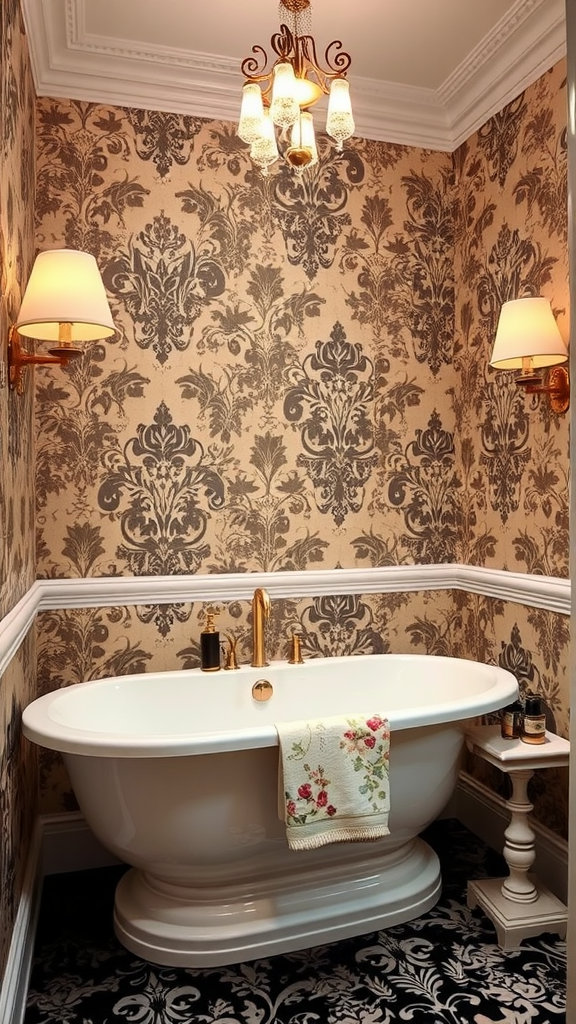 A sophisticated bathroom featuring damask wallpaper in rich colors, a stylish vanity, and soft lighting.