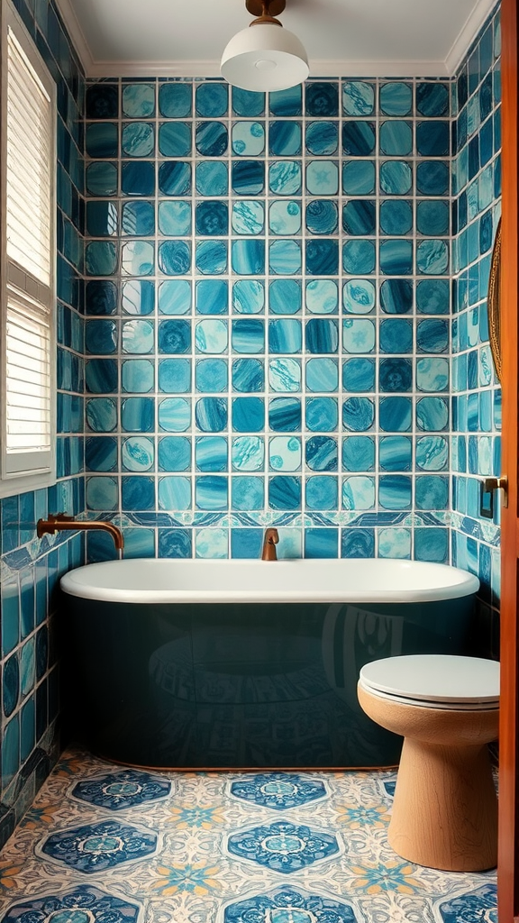 Stylish bathroom featuring bold patterned tiles on the walls and a contrasting patterned floor