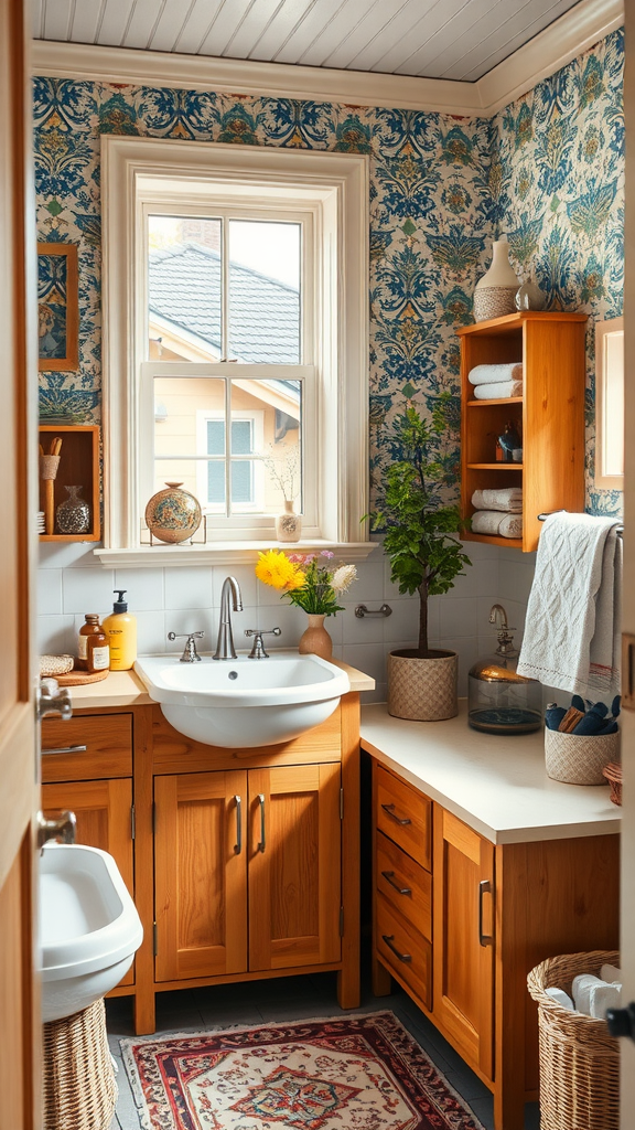 Cozy bathroom with warm pine furniture and vibrant wallpaper