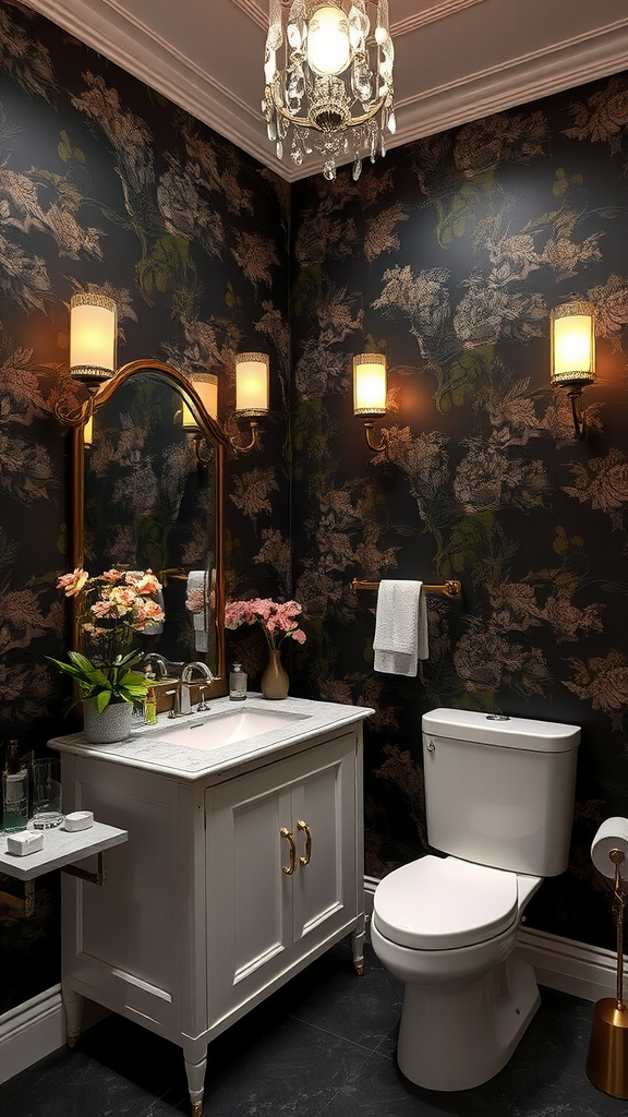 A stylish bathroom featuring dark floral wallpaper, white cabinetry, gold fixtures, and elegant lighting.
