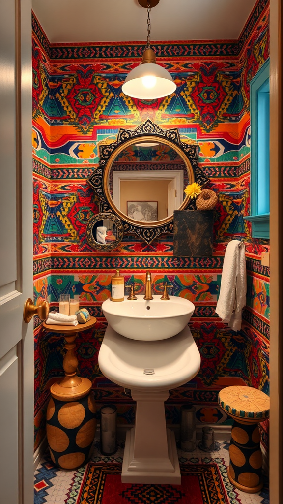 A colorful bathroom with Aztec tribal wallpaper, modern fixtures, and decorative elements.