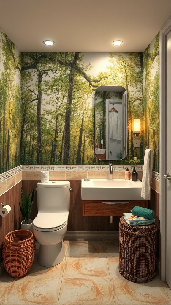 A bathroom featuring realistic tree and forest scene wallpaper, showcasing a serene and natural atmosphere.