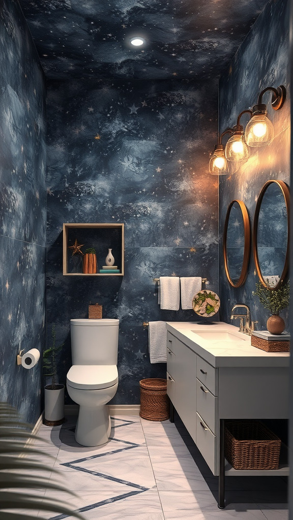 A beautifully designed bathroom with celestial-themed wallpaper featuring a starry night sky.