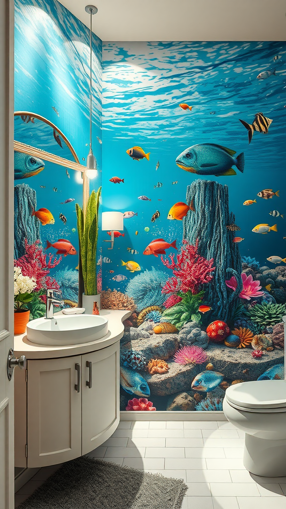 Bathroom with vibrant underwater scene wallpaper depicting colorful fish and coral