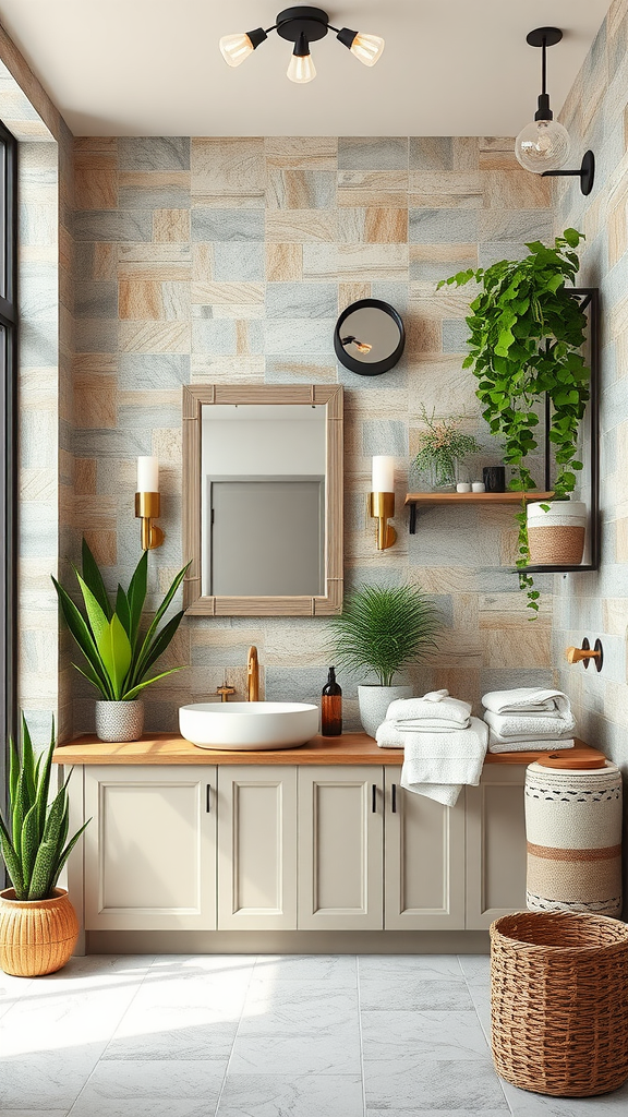 A modern bathroom with stone-look wallpaper, plants, and wooden accents.