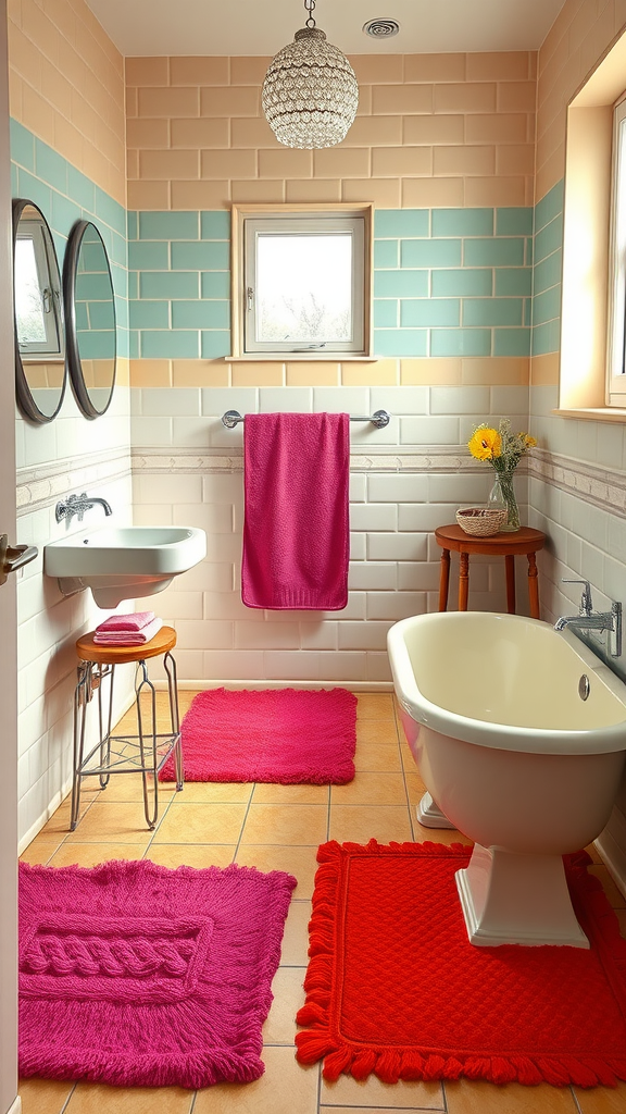 A colorful bathroom featuring pink and red bathmats, pastel tiled walls, and a cozy bathtub.