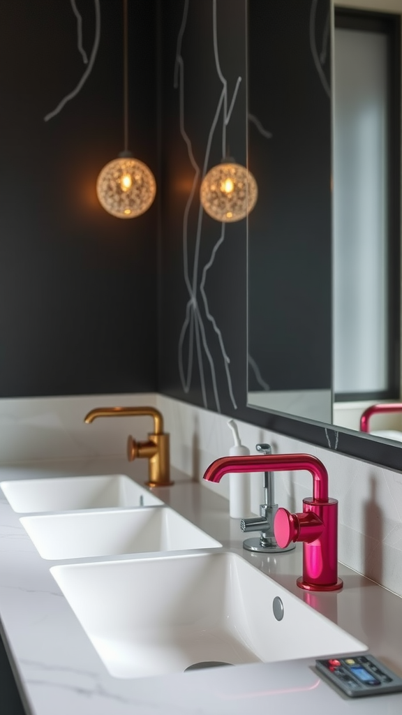 A modern bathroom sink with a pink faucet, a gold faucet, and a sleek design.