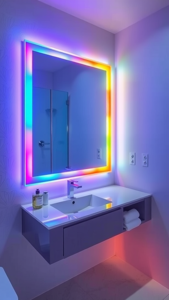 A modern bathroom with a mirror featuring bright red built-in lighting.