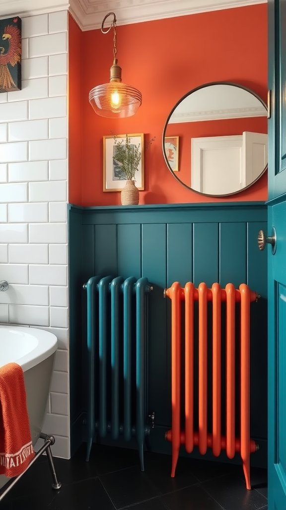 A green radiator against a dark green wall, with framed art and decorative items around it.